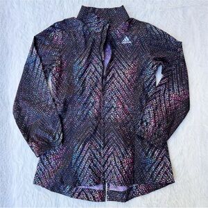 Adidas Windbreaker Jacket Girls Medium Full Zip Black Pink Blue Dot Pattern